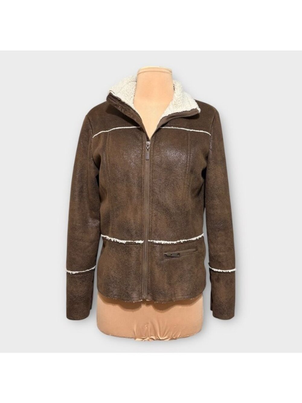 PrAna Esme Faux Leather Sherpa Lined Jacket S Brown Beige Sheepskin Vegan EUC